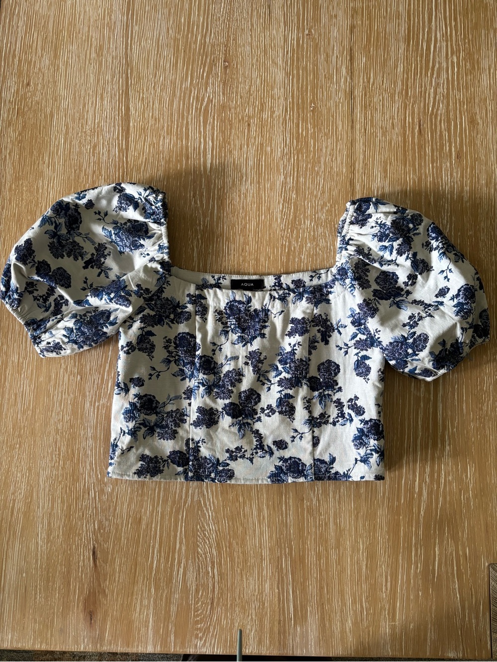 Aqua White Crop Top with Blue Floral Print and Puff Sleeves